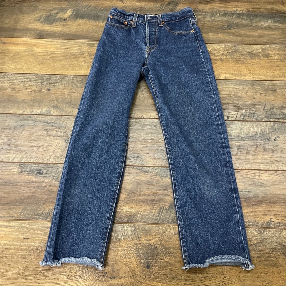 Levis Premium Wedgie Straight Jeans 24 Blue High Rise Raw Hem Button Fly Denim